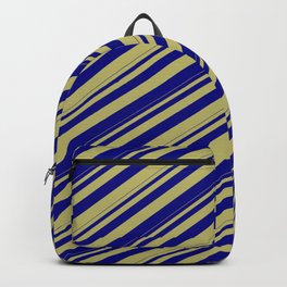 [ Thumbnail: Dark Khaki and Blue Colored Lines Pattern Backpack ]