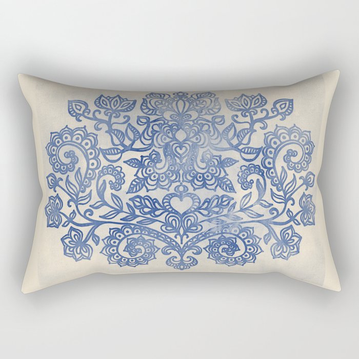 Indigo Blue Denim Ink Doodle Rectangular Pillow