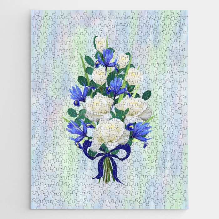 Blue Iris and Roses Bouquet with Blue Bow Jigsaw Puzzle