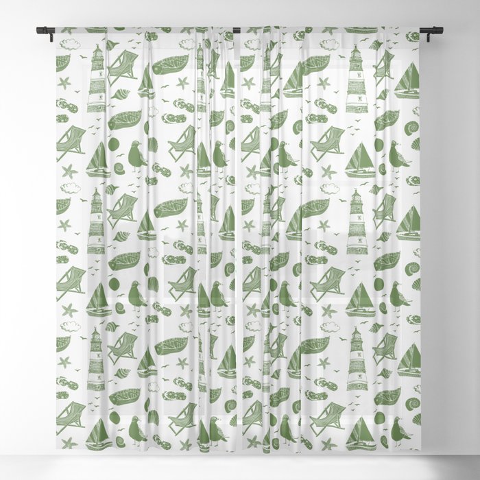 Green Summer Beach Elements Pattern Sheer Curtain