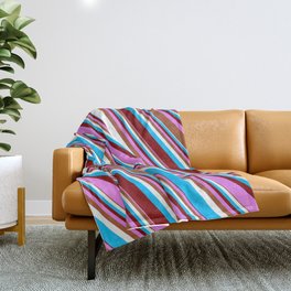 [ Thumbnail: Colorful Deep Sky Blue, Maroon, Violet, Sienna & White Colored Striped/Lined Pattern Throw Blanket ]