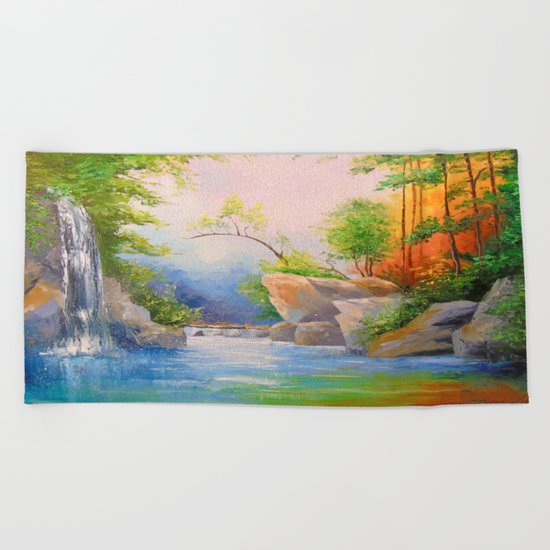 Waterfall in the woods Beach Towel