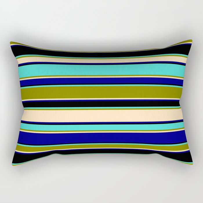 Turquoise, Green, Beige, Blue & Black Colored Striped/Lined Pattern Rectangular Pillow
