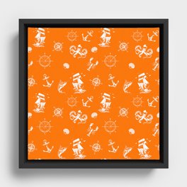 Orange And White Silhouettes Of Vintage Nautical Pattern Framed Canvas