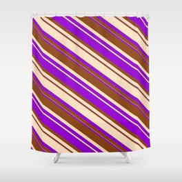 [ Thumbnail: Dark Violet, Brown & Bisque Colored Striped Pattern Shower Curtain ]