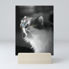 Spring tiny butterfly on the little cat nose Mini Art Print