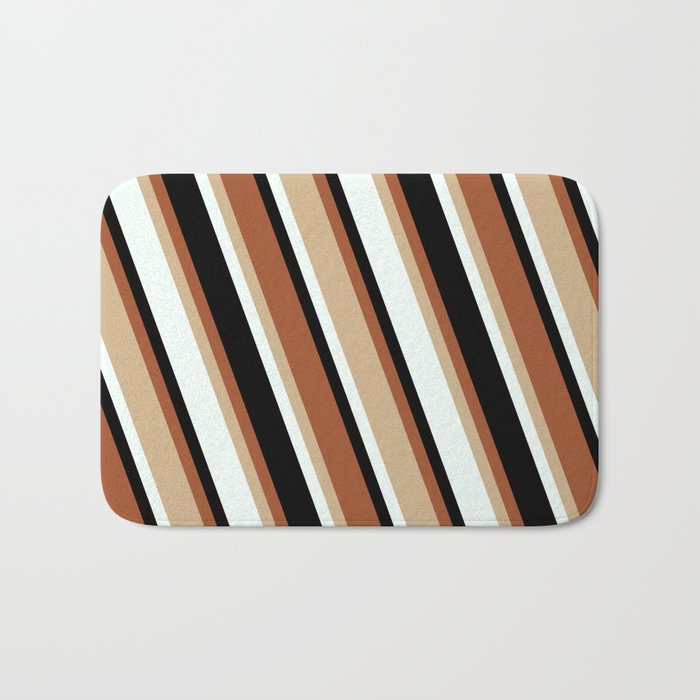 Sienna, Tan, Mint Cream & Black Colored Stripes Pattern Bath Mat