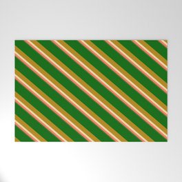 [ Thumbnail: Eyecatching Dark Green, Dark Goldenrod, Beige, Coral & Dark Olive Green Colored Lined Pattern Welcome Mat ]