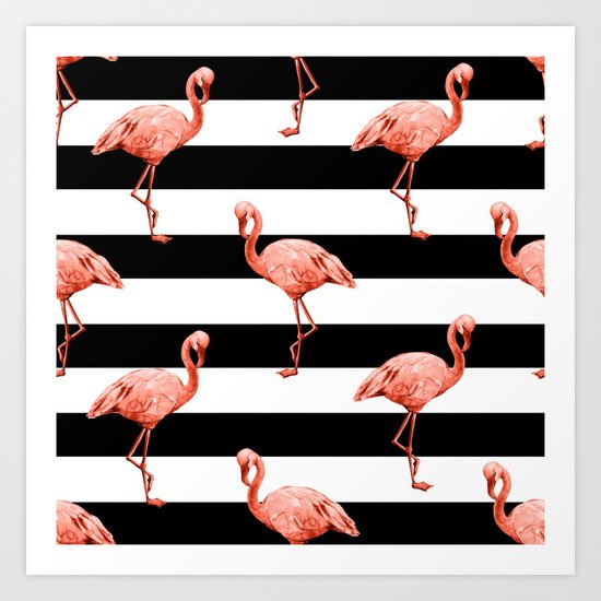 Simply Flamingo Deep Coral on Midnight Black Stripes Art Print