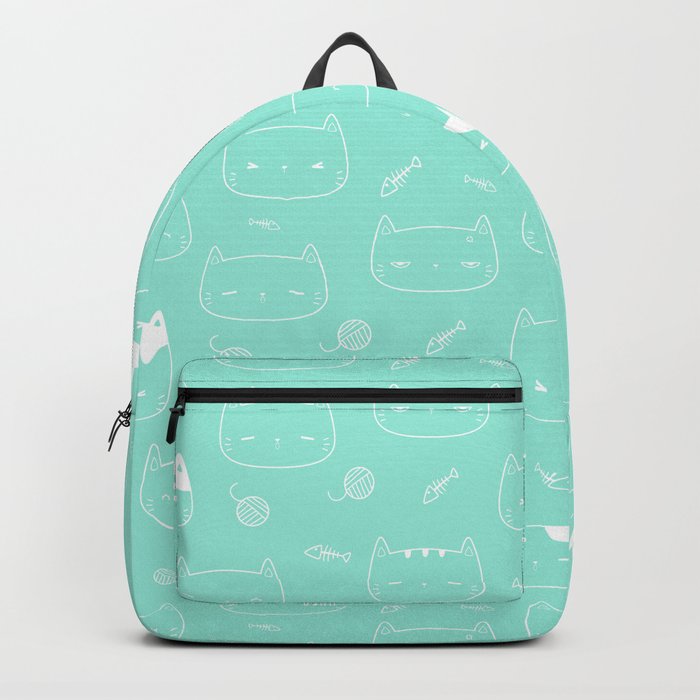Seafoam and White Doodle Kitten Faces Pattern Backpack