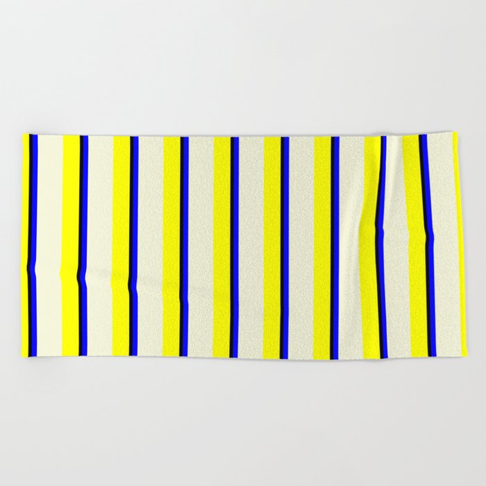 Yellow, Beige, Blue, and Black Colored Lines Pattern Beach Towel
