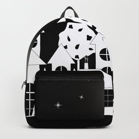 Fabulous houses, trees against the night sky. Backpack