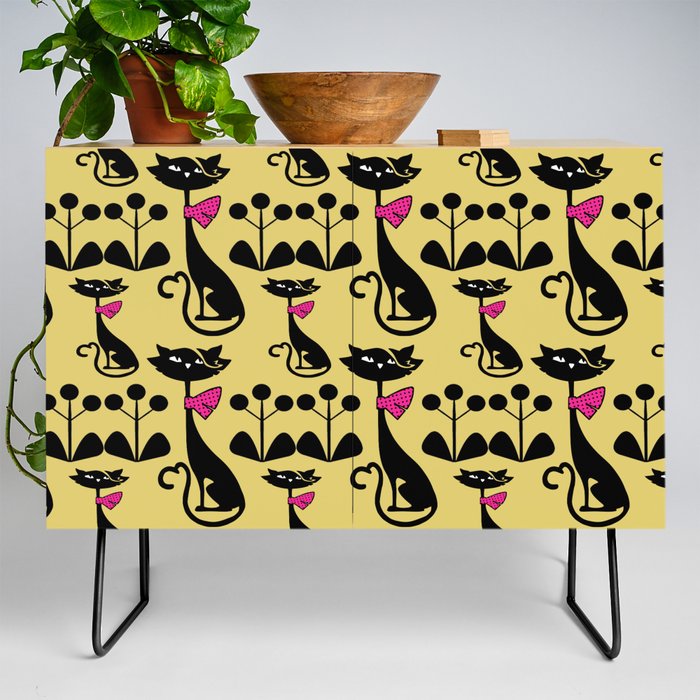 Mid century Atomic Black Cat Pattern in  Yellow Background Credenza