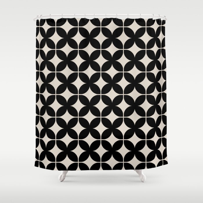 Geometric Flower Pattern 922 Black and Linen White Shower Curtain