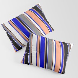 [ Thumbnail: Vibrant Light Salmon, Gray, Blue, White & Black Colored Lined/Striped Pattern Pillow Sham ]