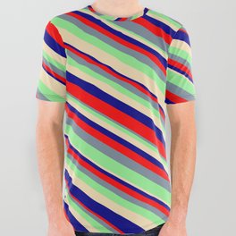 [ Thumbnail: Tan, Blue, Red, Light Slate Gray, and Light Green Colored Stripes/Lines Pattern All Over Graphic Tee ]