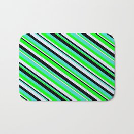 [ Thumbnail: Turquoise, Lime, Lavender, and Black Colored Stripes/Lines Pattern Bath Mat ]