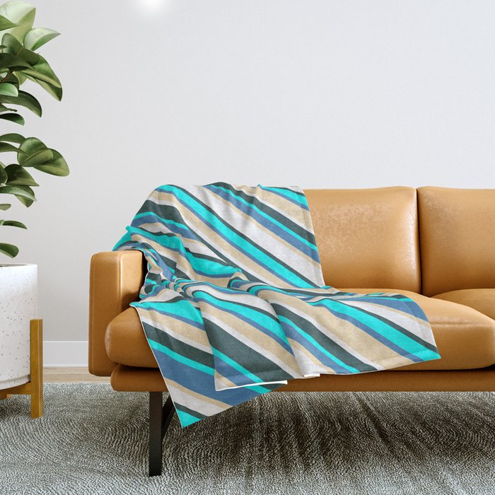 Eye-catching Blue, Tan, White, Dark Slate Gray, and Cyan Colored Lined/Striped Pattern Throw Blanket