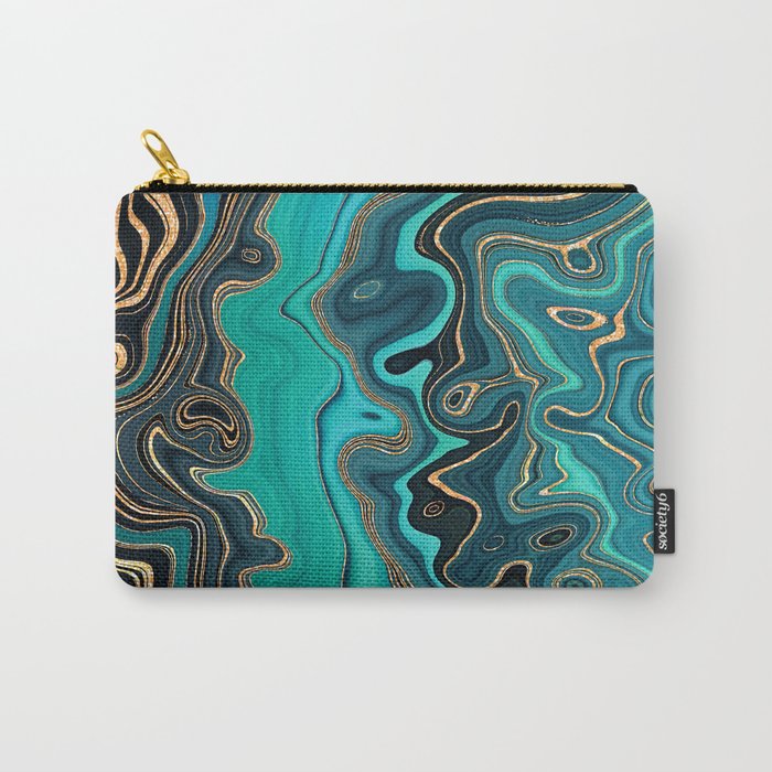 Peacock Teal + Hypnotic Gold Stylized Fluid Painting Carry-All Pouch