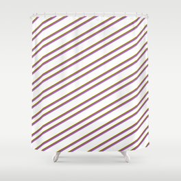 [ Thumbnail: White, Green & Orchid Colored Pattern of Stripes Shower Curtain ]