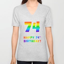 [ Thumbnail: HAPPY 74TH BIRTHDAY - Multicolored Rainbow Spectrum Gradient V Neck T Shirt V-Neck T-Shirt ]