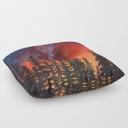 Colorful night sky and pine forest Floor Pillow