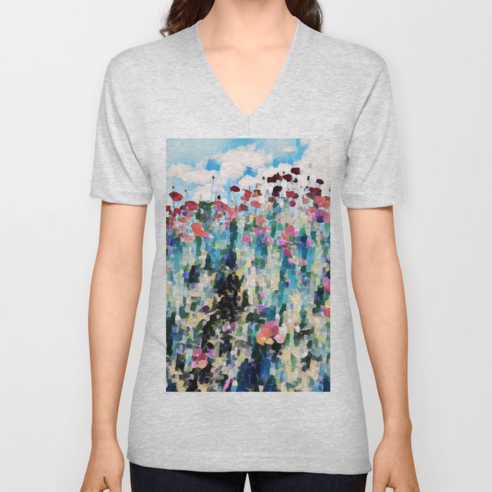 Pastel abstract blooming poppy field summer landscape digital painting V Neck T Shirt