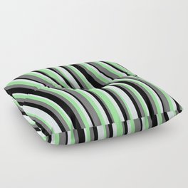 [ Thumbnail: Dim Grey, Black, Light Cyan, and Light Green Colored Striped Pattern Floor Pillow ]