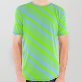 [ Thumbnail: Sky Blue and Chartreuse Colored Pattern of Stripes All Over Graphic Tee ]