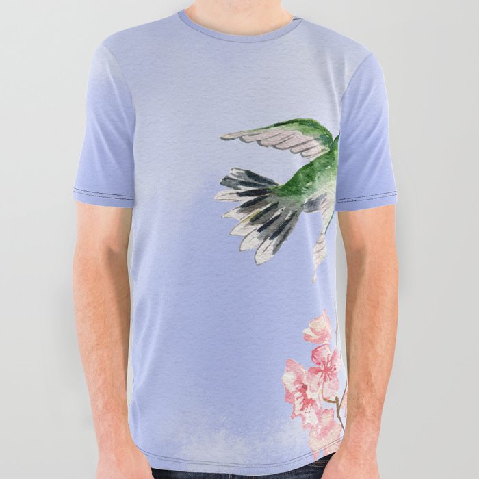 Hummingbird Romance 3 On Blue Sky Background  All Over Graphic Tee