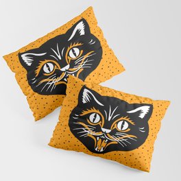 Vintage Type Halloween Black Cat Face Stars Orange Pillow Sham