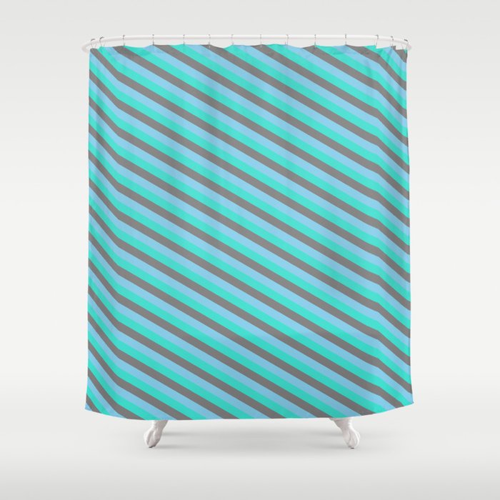 Turquoise, Grey & Sky Blue Colored Striped Pattern Shower Curtain