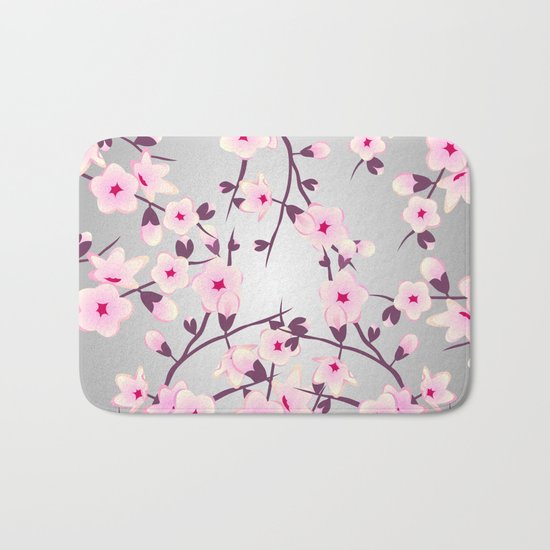 Cherry Blossoms Pink Gray Bath Mat