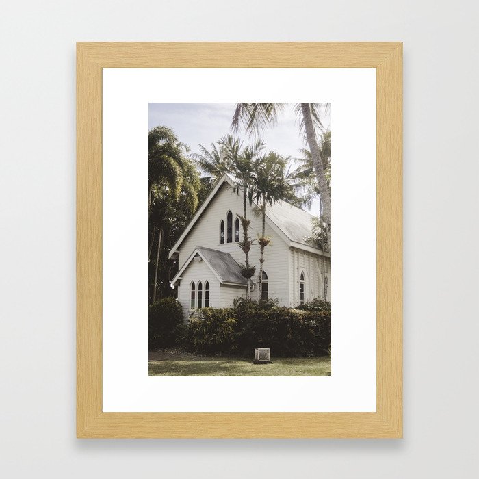 White Church and palms in Port Douglas, Australia Framed Art Print