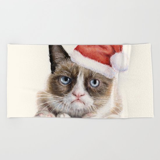 Grumpy Santa Cat Beach Towel