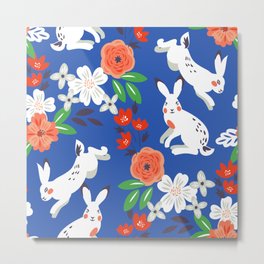 Blue White Spring Bunny Floral Garden Metal Print