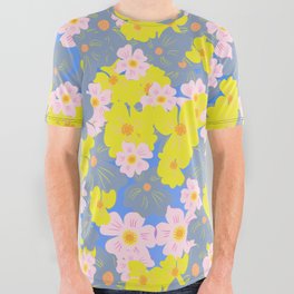 Pastel Spring Flowers Ombre Blue All Over Graphic Tee