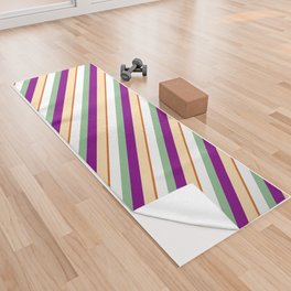 [ Thumbnail: Colorful Tan, Purple, Dark Sea Green, White, and Chocolate Colored Lines/Stripes Pattern Yoga Towel ]
