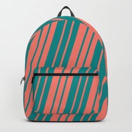 [ Thumbnail: Salmon and Dark Cyan Colored Lined/Striped Pattern Backpack ]