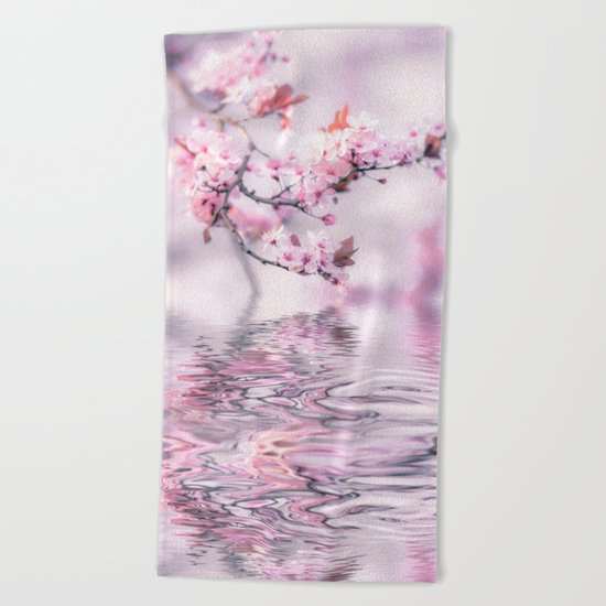 Zen Style Cherry Blossom and Water Beach Towel
