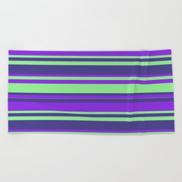[ Thumbnail: Purple, Light Green & Dark Slate Blue Colored Lines/Stripes Pattern Beach Towel ]