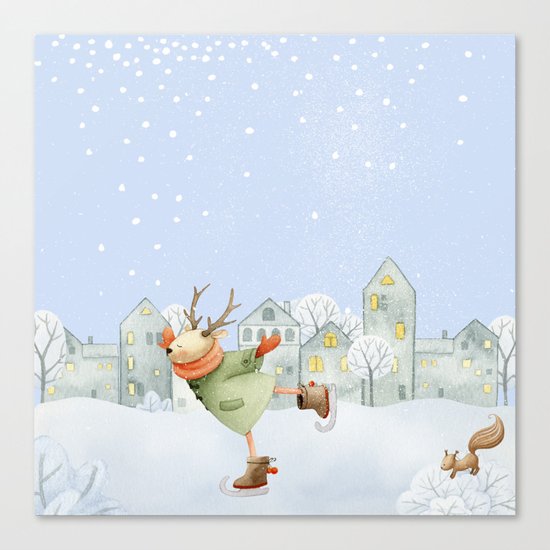 Merry christmas- Ice skating Deer and squirrel are having Winter fun Canvas Print