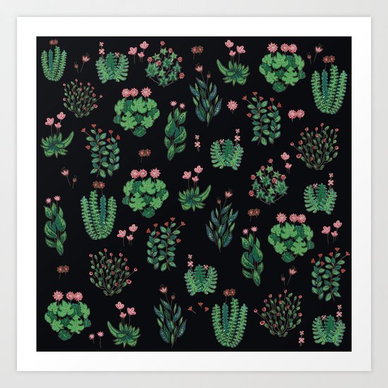 green and black garden with red flowers Art Print