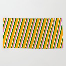 [ Thumbnail: Orchid, Light Yellow, Dark Green & Orange Colored Striped/Lined Pattern Beach Towel ]