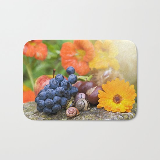 Lovely Autumn Fruits and Flowers in warm Sunlight Bath Mat