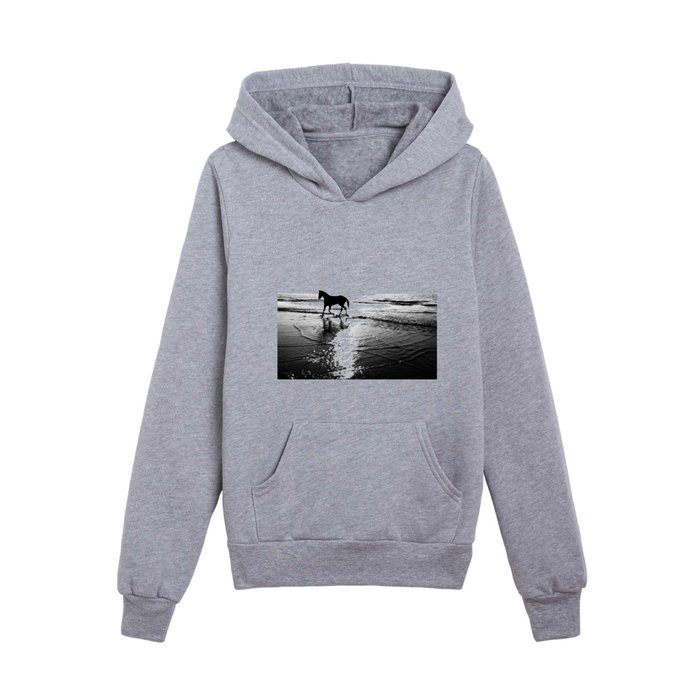 Wild horse of Assateague Island running free in the surf at twilight black and white equestrian portrait photograph - photograph - photographs Kids Pullover Hoodie