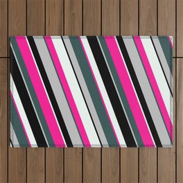 [ Thumbnail: Deep Pink, Dark Slate Gray, Grey, Black, and Mint Cream Colored Lined Pattern Outdoor Rug ]