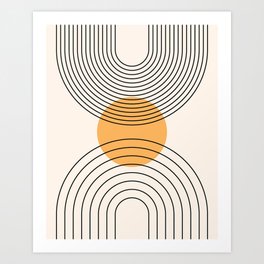 Geometric Lines in Black and Beige 29 (Rainbow and Sun Abstraction) Art Print
