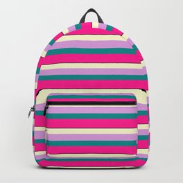 [ Thumbnail: Colorful Light Yellow, Plum, Dark Cyan, Deep Pink & Black Colored Lined Pattern Backpack ]