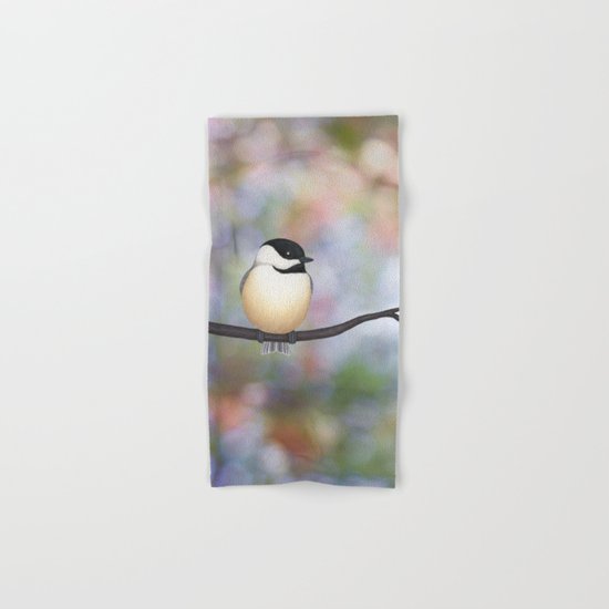 black capped chickadee on a branch Hand & Bath Towel